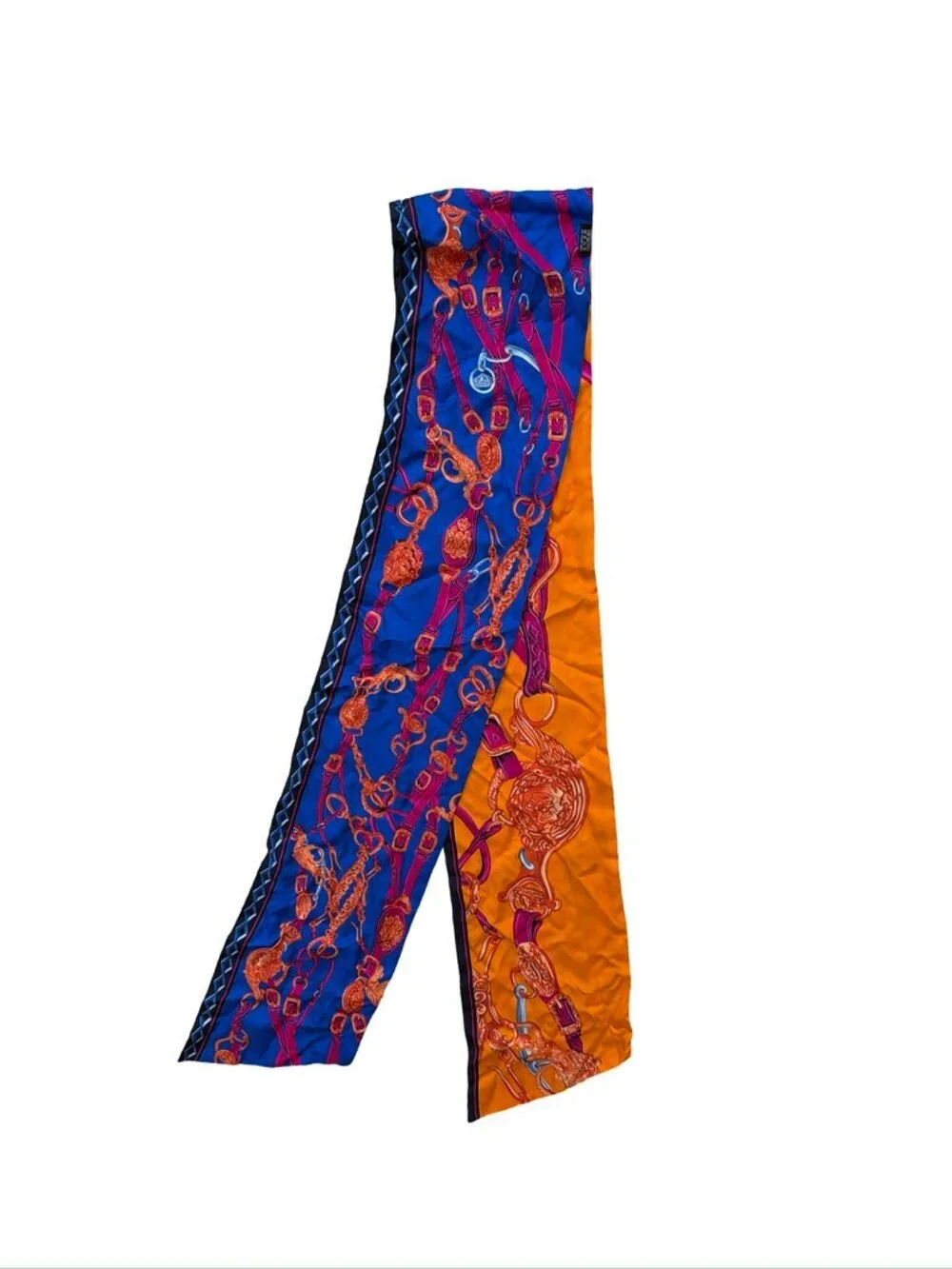 Hermes Orange Blue Brides de Gala Applique Chain Strap Silk Twilly Scarf - Picture 2 of 4